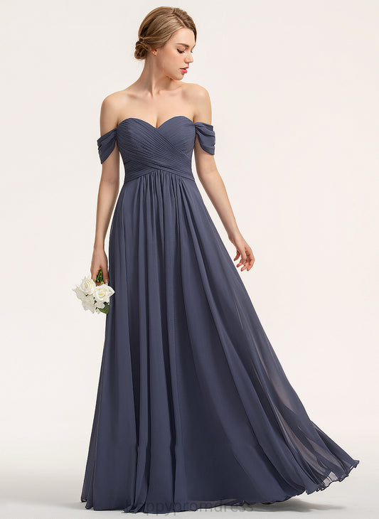 Silhouette Embellishment A-Line Fabric Ruffle Length Neckline Floor-Length Off-the-Shoulder Leanna Natural Waist V-Neck Bridesmaid Dresses