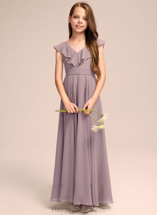 A-Line Floor-Length Junior Bridesmaid Dresses Chiffon With Cascading Skyler V-neck Ruffles