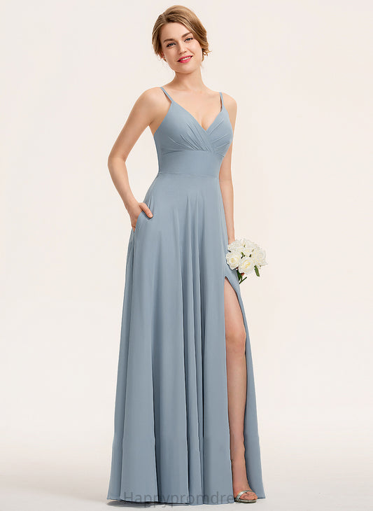 V-neck Floor-Length A-Line Length Silhouette Pockets Neckline Ruffle Embellishment Fabric Karsyn Spandex Bridesmaid Dresses