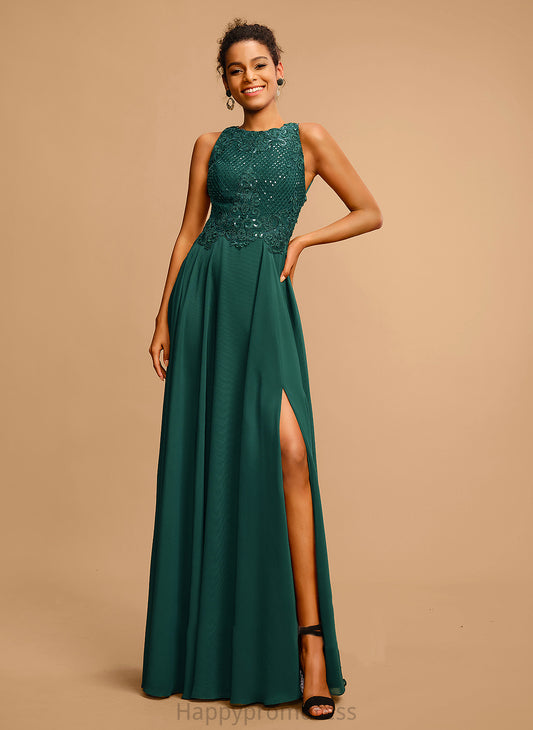 Front Kennedy Chiffon Scoop Lace With Floor-Length Sequins A-Line Split Neck Prom Dresses