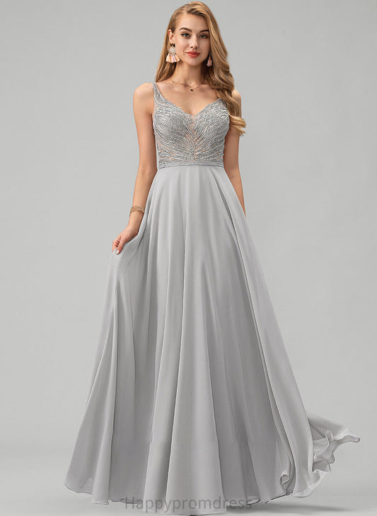 V-neck Chiffon Beading A-Line Floor-Length With Robin Prom Dresses Sequins