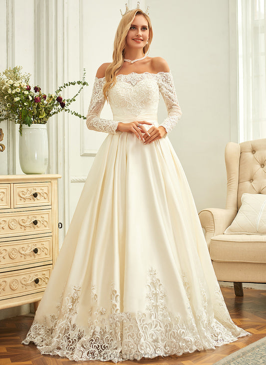 Wedding Dress Off-the-Shoulder Ball-Gown/Princess Wedding Dresses Sweep Lace With Train Beading Satin Yadira Sequins