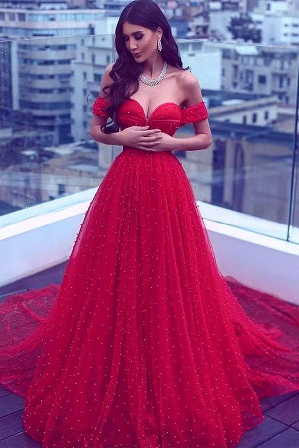 Red A Line Court Train Off Shoulder Sweetheart Sleeveless Lace Up Prom Dresses