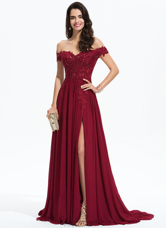 Off-the-Shoulder Sequins Luna With Train Sweep Lace Prom Dresses Chiffon A-Line