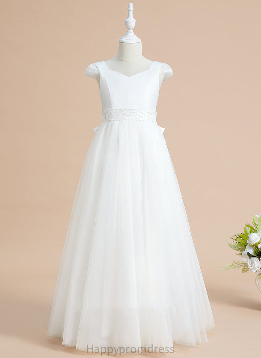 V-neck Flower Girl Dresses With Allie Sleeves Floor-length - Ball-Gown/Princess Beading/Bow(s) Short Dress Flower Girl Satin/Tulle