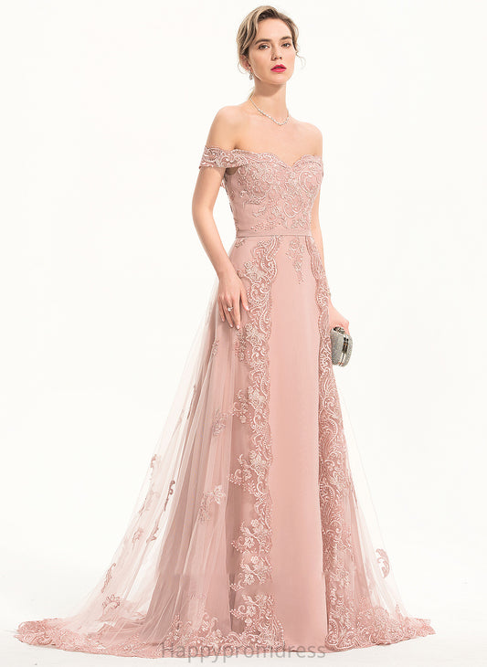 A-Line Tulle Train Prom Dresses Sweep Anna With Chiffon Sequins Off-the-Shoulder