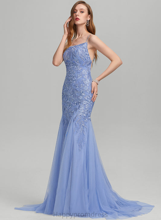 With Tulle Train Trumpet/Mermaid Neckline Prom Dresses Sequins Ada Sweep Square