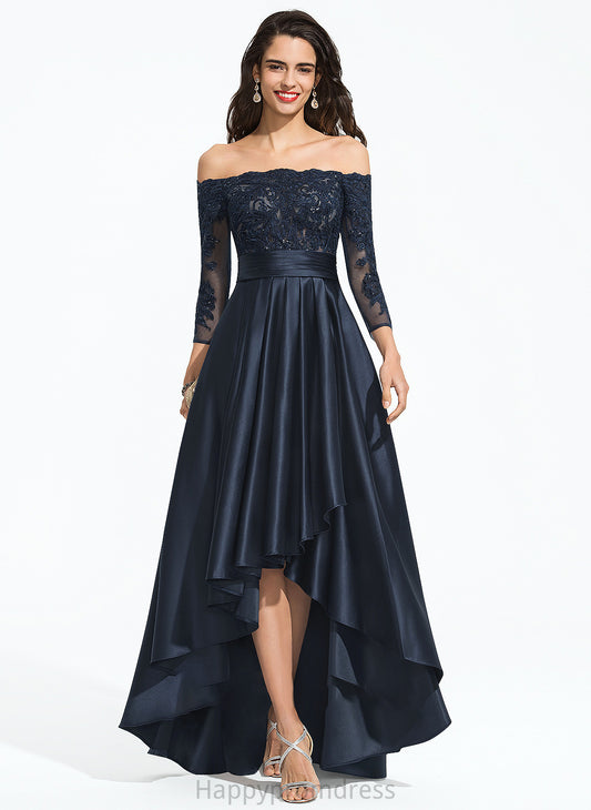 Sequins Prom Dresses Satin With A-Line Averi Ruffle Asymmetrical Off-the-Shoulder