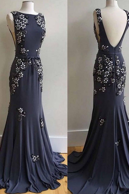 Sheath Brush Train Scoop Neck Sleeveless Backless Beading Prom Dresses