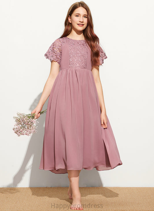 Tea-Length Lace Scoop A-Line Samara Neck Junior Bridesmaid Dresses Chiffon