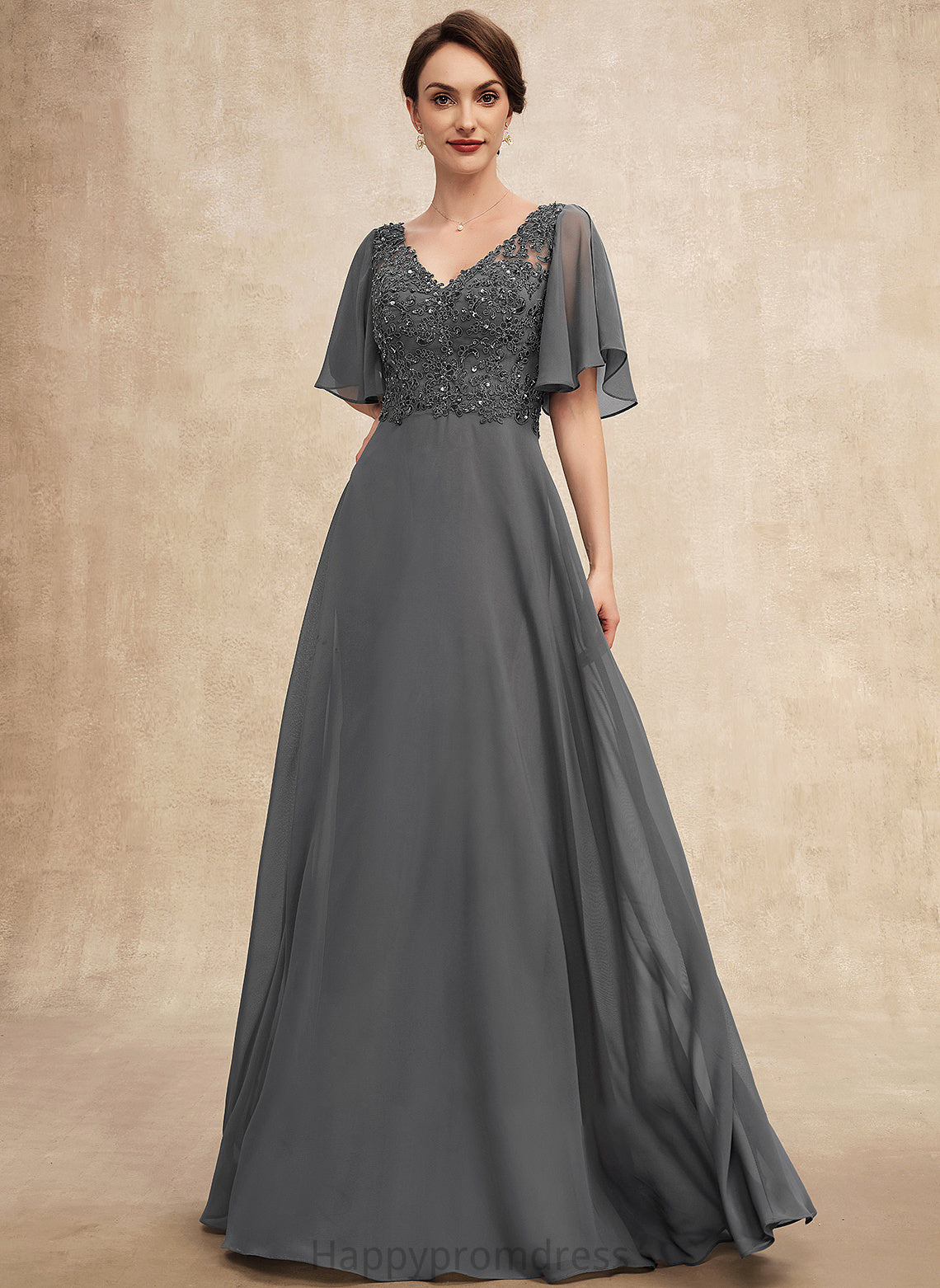 Bride of V-neck A-Line Mother of the Bride Dresses Floor-Length Dress Lace Hope Mother Sequins Beading With Chiffon the