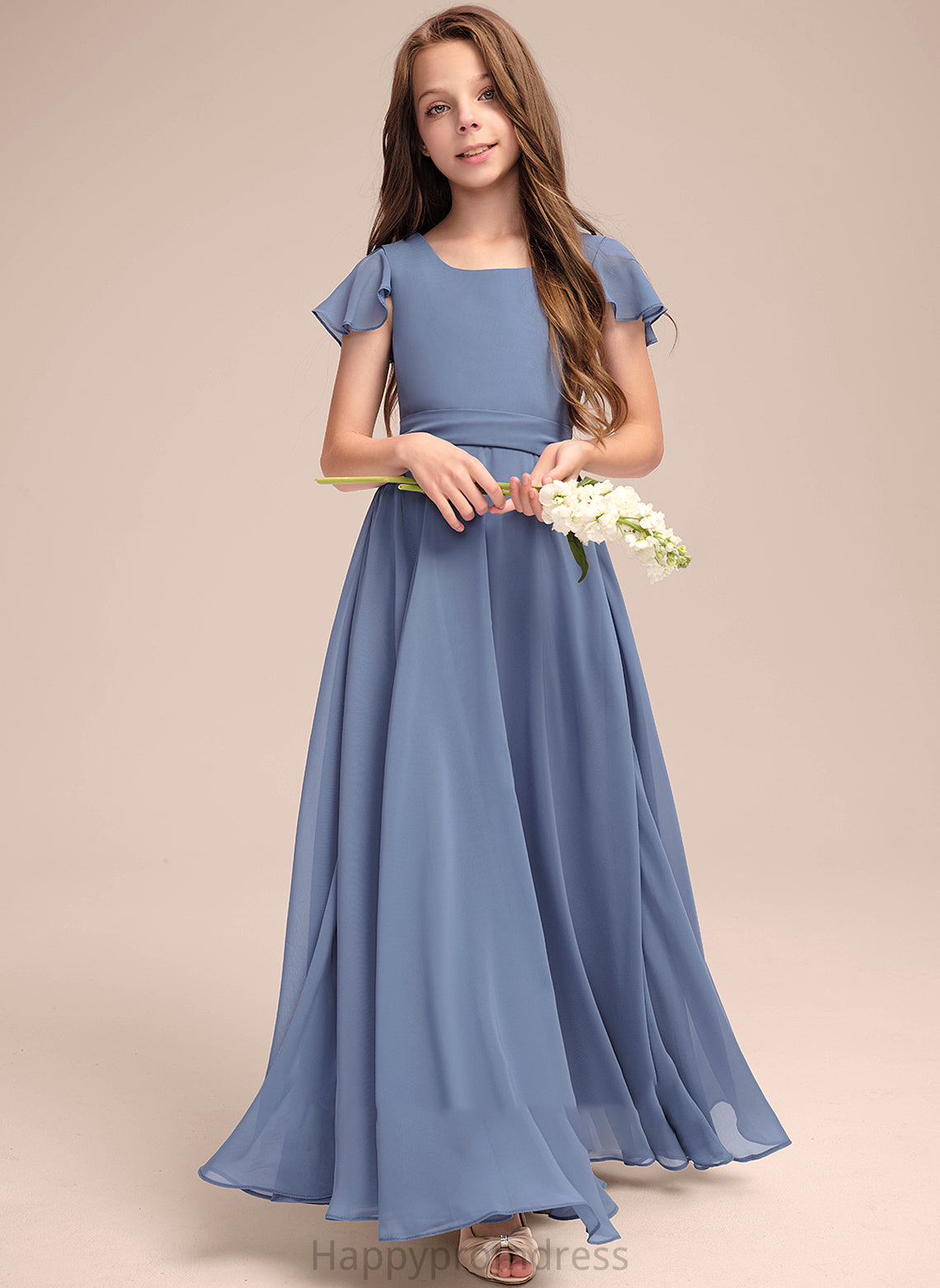 Chiffon Ayanna Neck A-Line Scoop Bow(s) Floor-Length Junior Bridesmaid Dresses With