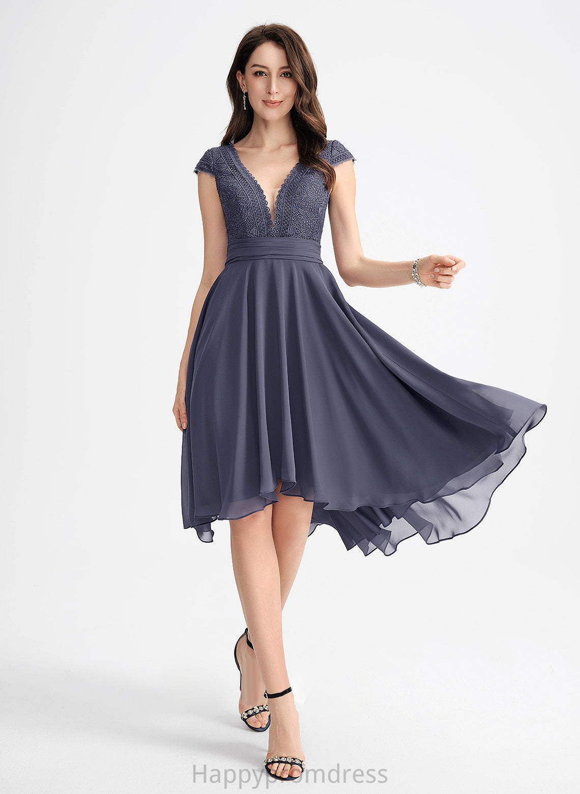 Chiffon A-Line With Asymmetrical Pleated V-neck Cocktail Dresses Cocktail Lace Rubi Dress