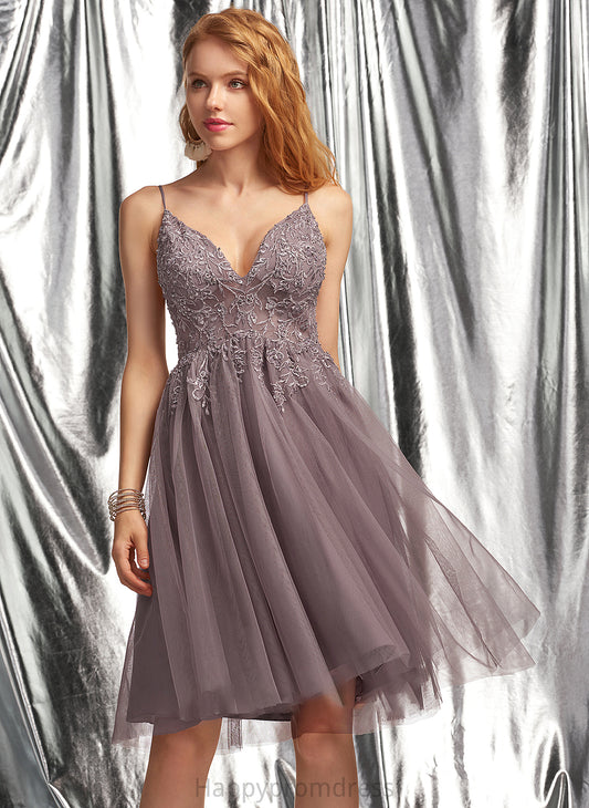 With A-Line Tulle Knee-Length V-neck Beading Karsyn Sequins Prom Dresses