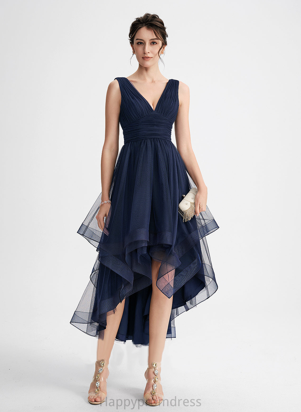 Adrienne Asymmetrical Tulle Cascading V-neck With A-Line Dress Pleated Cocktail Cocktail Dresses Ruffles