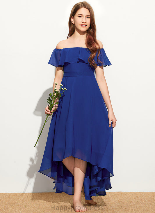 Asymmetrical Off-the-Shoulder Chiffon A-Line Ruffles Pru Cascading Junior Bridesmaid Dresses With