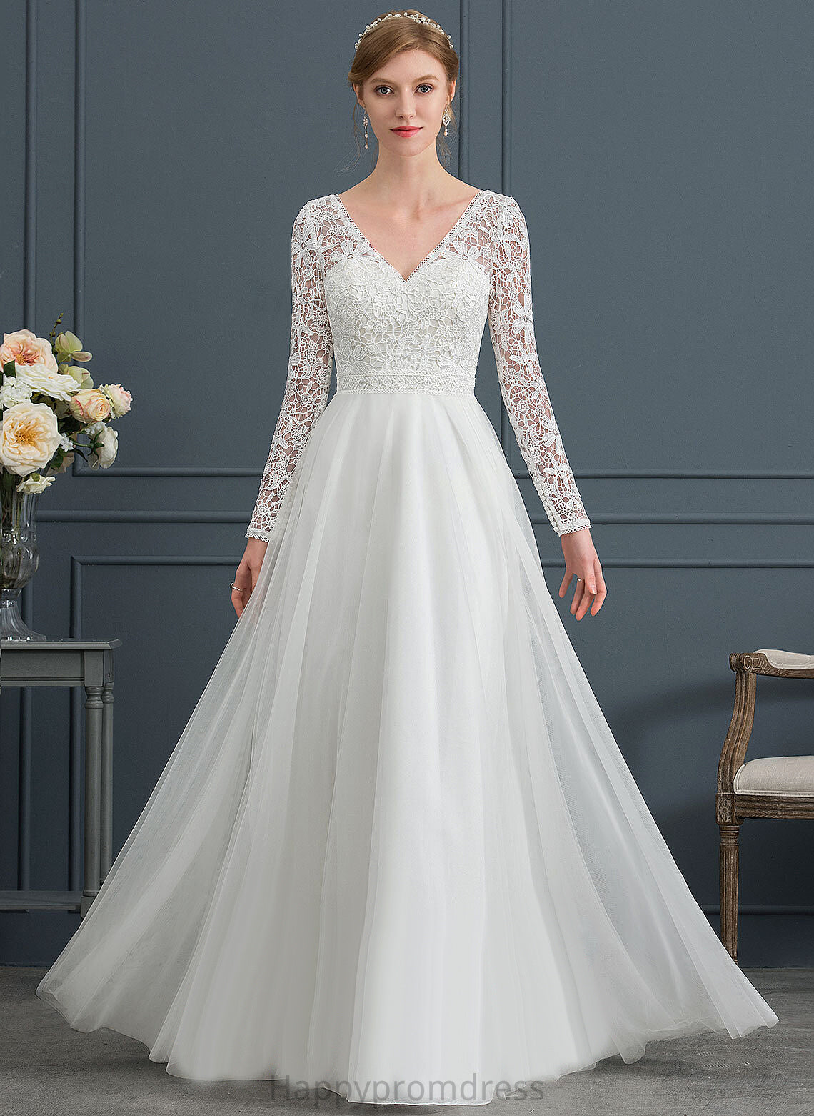 V-neck Wedding Dresses Floor-Length Lace Wedding Dress Ashlyn Tulle A-Line