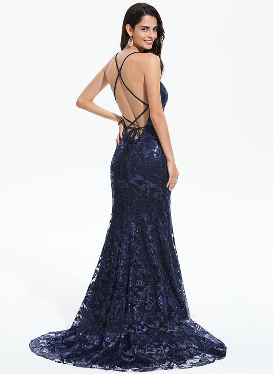 Sequined Prom Dresses V-neck Sequins With Trumpet/Mermaid Sweep Sal Train