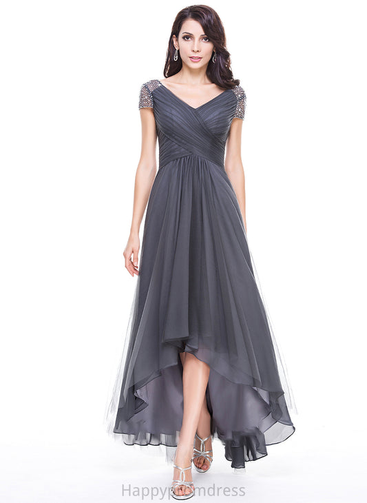 V-neck of Maria Bride Beading Mother Tulle A-Line Asymmetrical Mother of the Bride Dresses With Ruffle Dress the Sequins