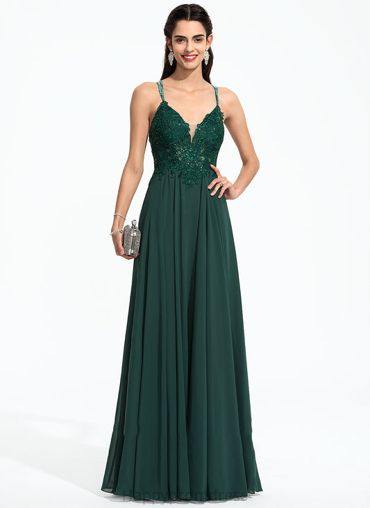 Beading V-neck Chiffon A-Line Xiomara Prom Dresses Sequins With Floor-Length