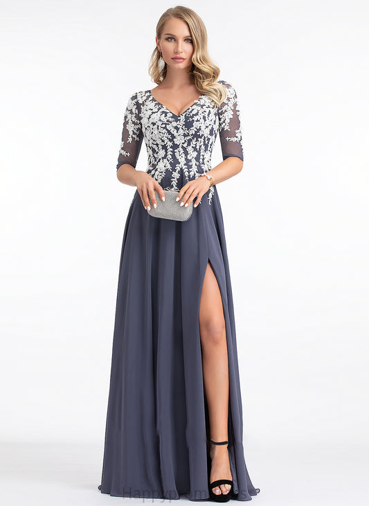 With V-neck Front Floor-Length Maci Prom Dresses Split A-Line Sequins Chiffon