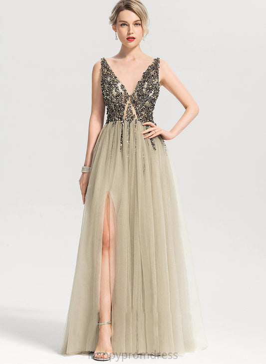 Prom Dresses Beading Floor-Length Split V-neck Sydnee Tulle A-Line With Sequins Front