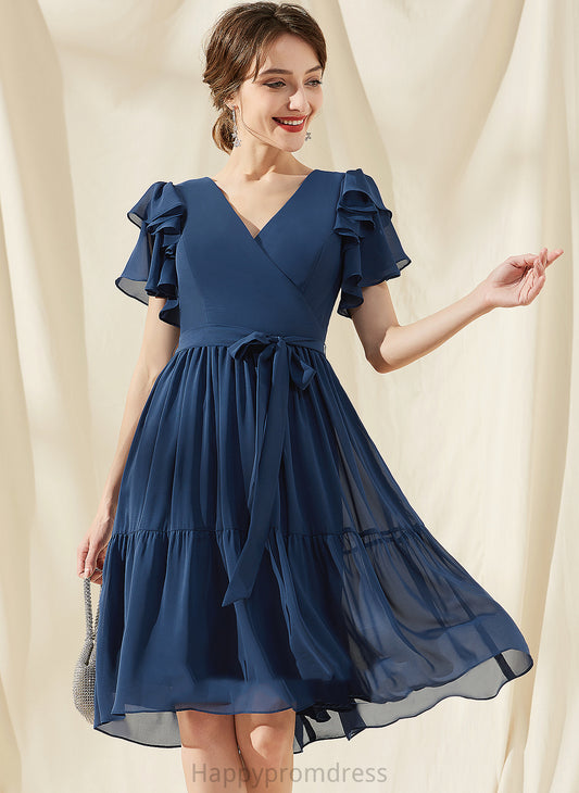 With A-Line Ruffles Homecoming Dresses V-neck Bow(s) Cascading Homecoming Chiffon Nyla Knee-Length Dress