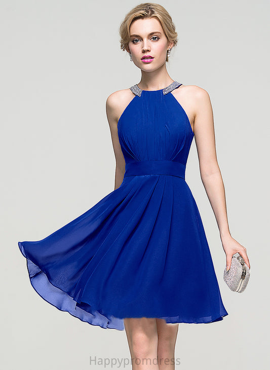 Chiffon Neck Scoop With Knee-Length Beading Prom Dresses Fatima Ruffle A-Line