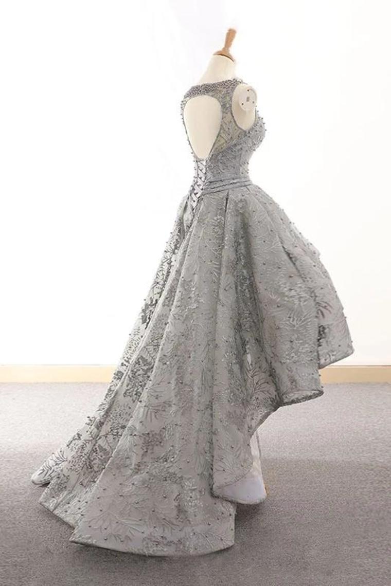 Silver High Low Lac Beading Open Back Prom Dress Homecoming Dresses