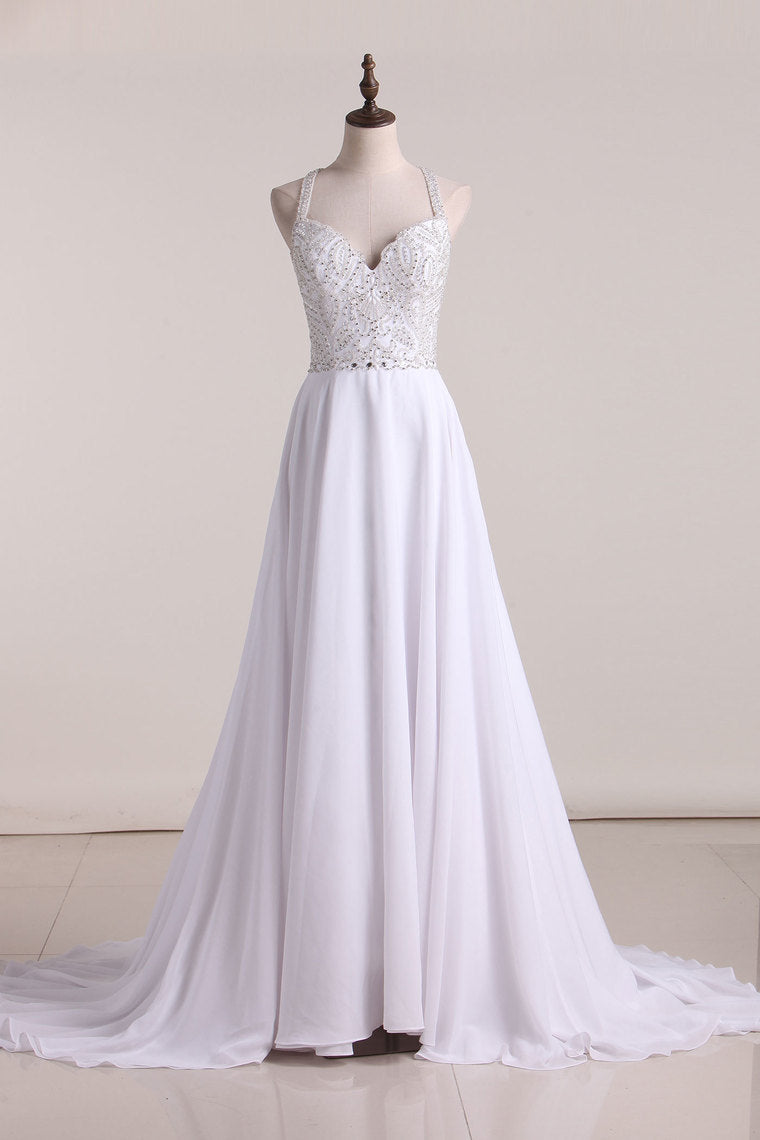 2024 New Arrival Spaghetti Straps A Line Wedding Dresses Chiffon With Beading