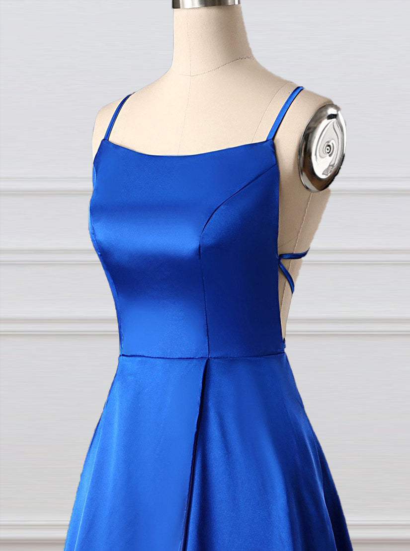 Royal Blue A Line Brush Train Sleeveless Backless Side Slit Prom Dresses