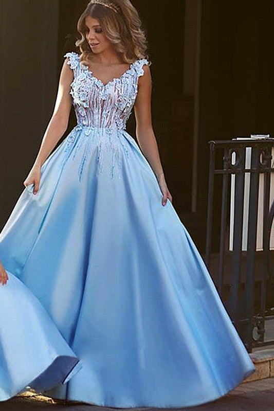 Charming Deep V Neck A Line Satin Prom Dresses with Appliques