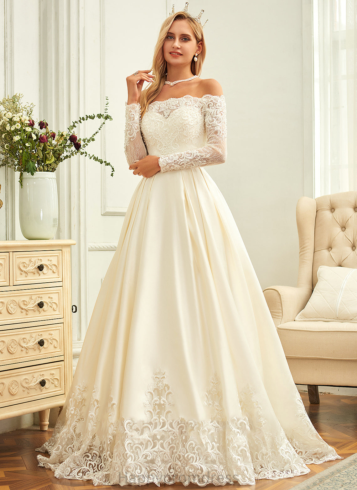 Wedding Dress Off-the-Shoulder Ball-Gown/Princess Wedding Dresses Sweep Lace With Train Beading Satin Yadira Sequins