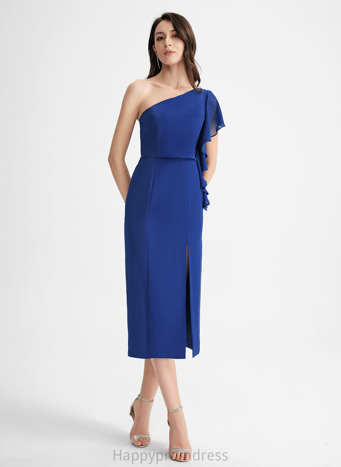 One-Shoulder With Dress Sheath/Column Ruffle Chiffon Tea-Length Marcia Cocktail Dresses Cocktail