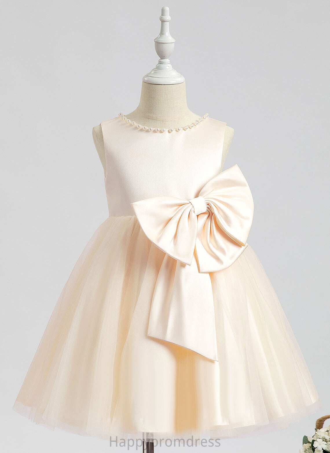 With Scalloped Sleeveless Girl - Flower Girl Dresses A-Line Knee-length Pru Satin Dress Beading/Bow(s) Flower Neck