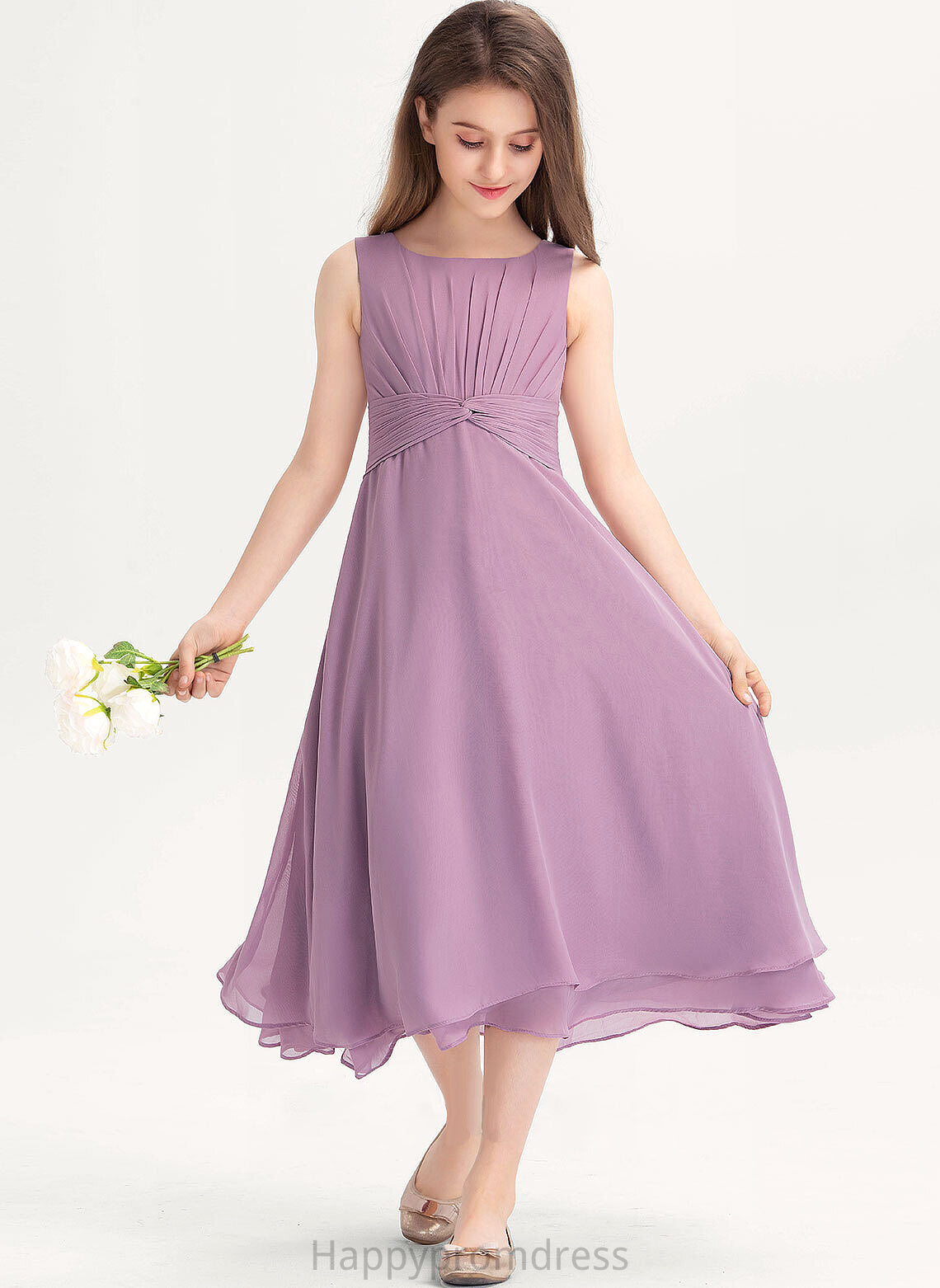 With A-Line Larissa Neck Chiffon Junior Bridesmaid Dresses Scoop Tea-Length Ruffle