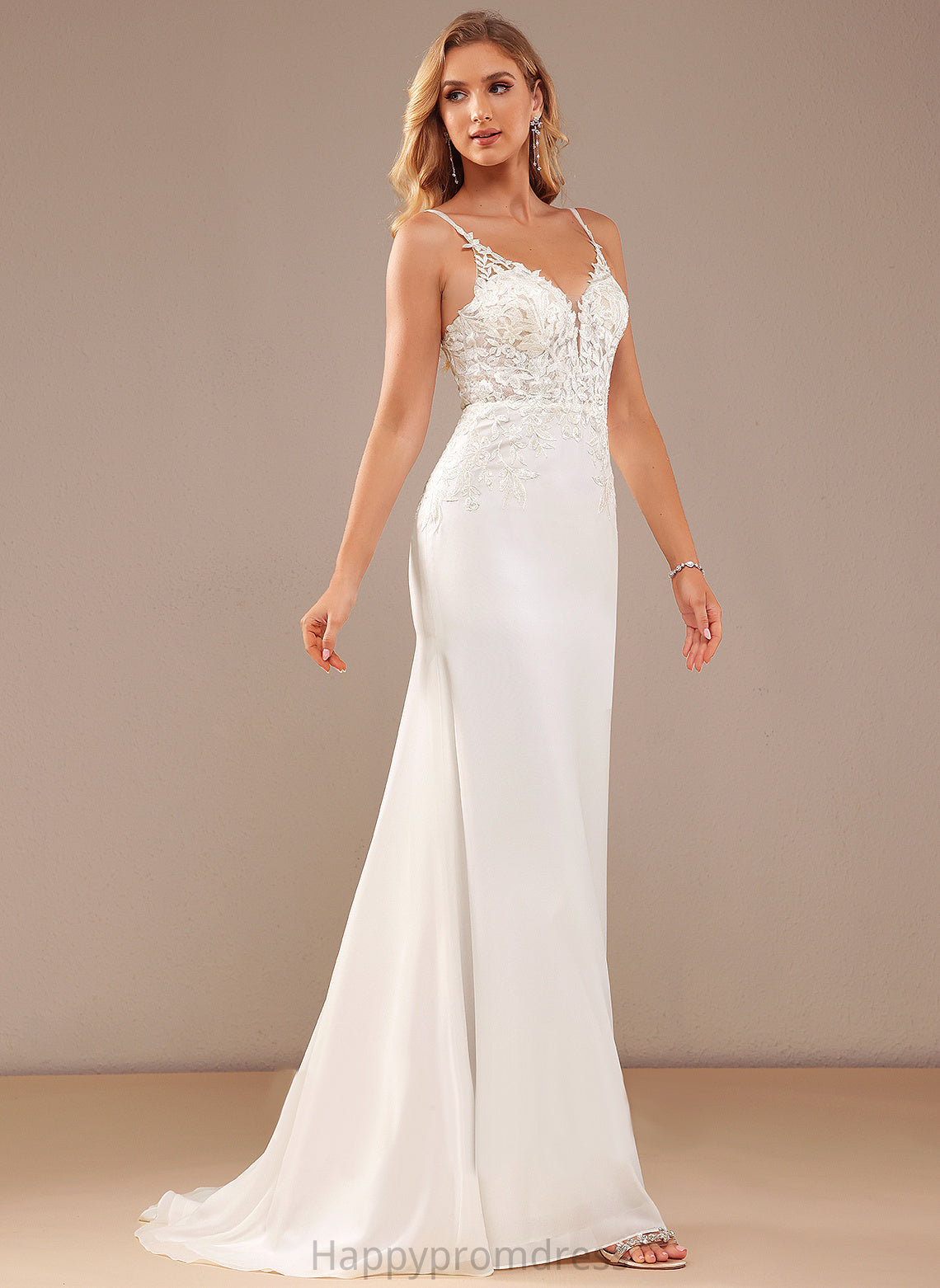 Wedding Wedding Dresses Lace Trumpet/Mermaid Train Lace Beading V-neck Chiffon Dress Teagan With Court