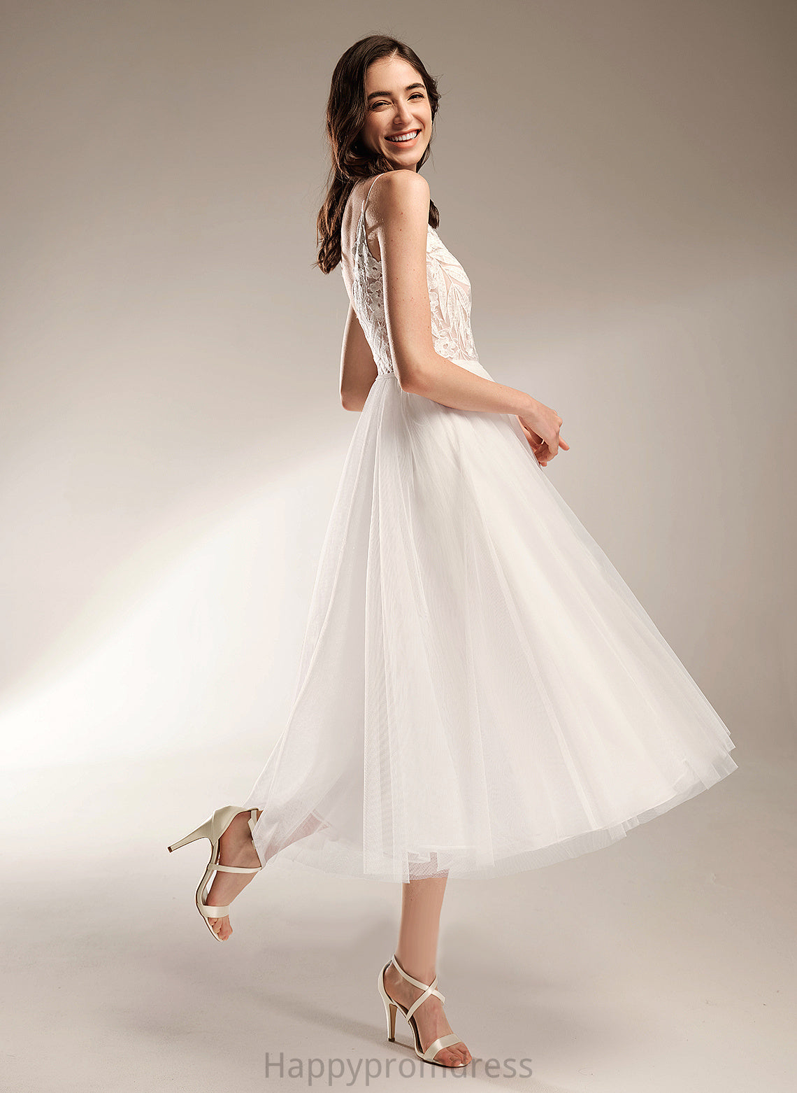 Wedding Dresses Tulle A-Line Lace Persis Dress Tea-Length Wedding V-neck