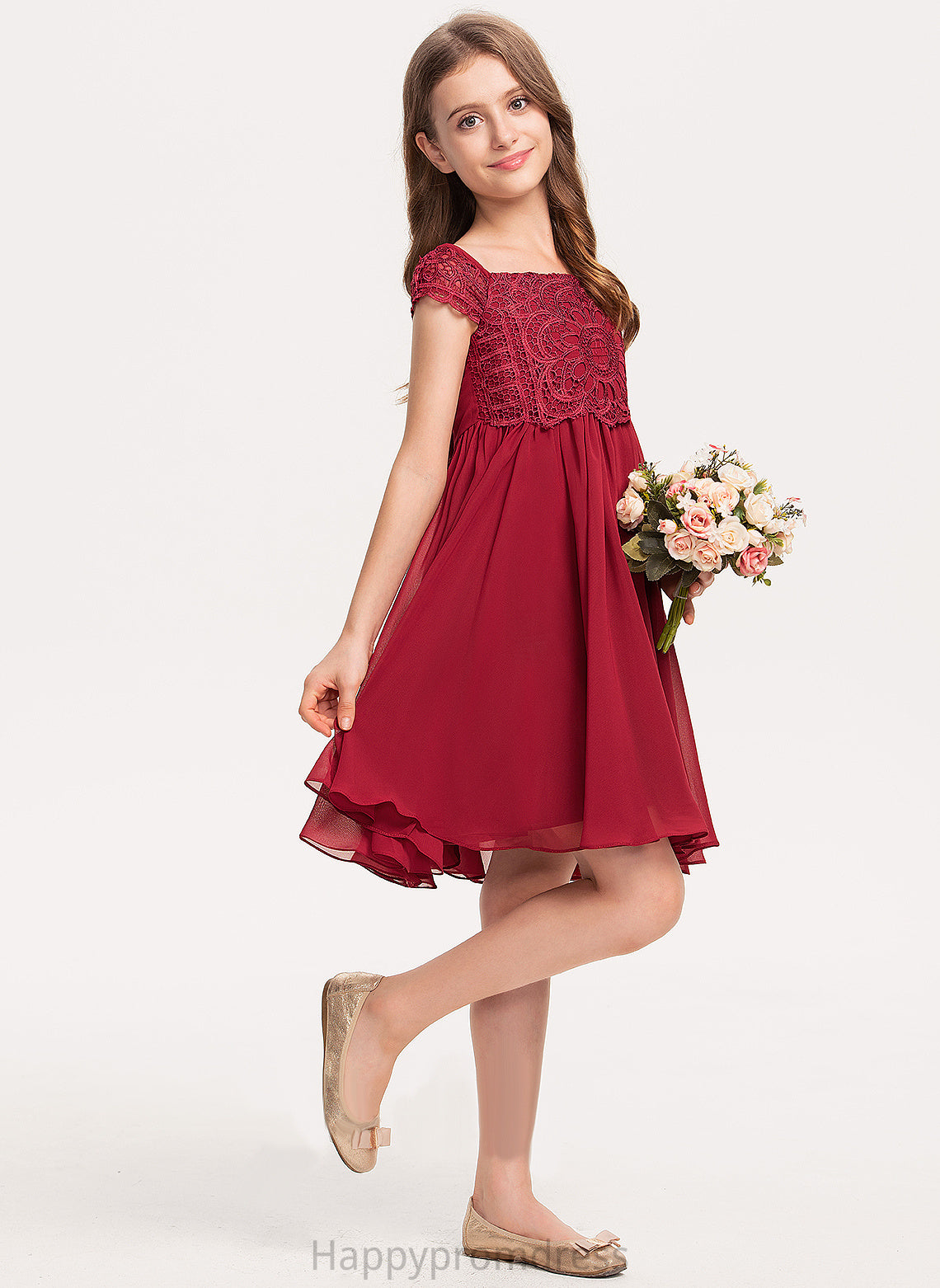 Amirah Girl Dress Knee-length Flower Girl Dresses - Square Chiffon Neckline A-Line Sleeves Flower Short