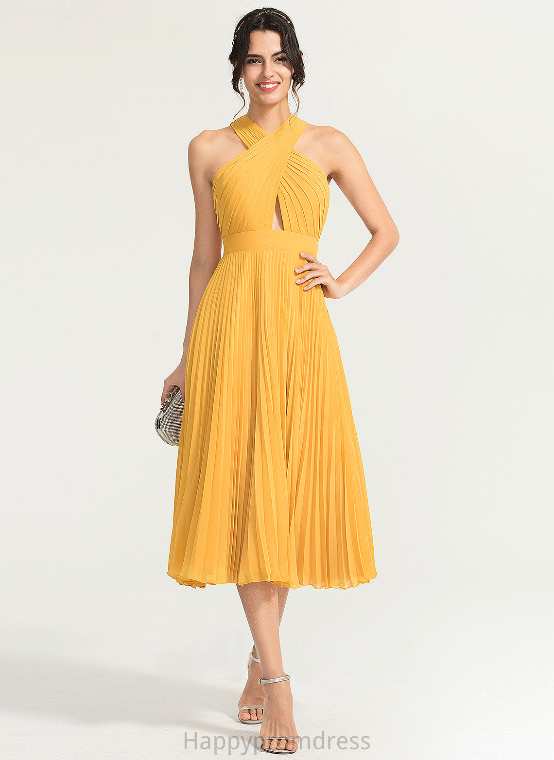 Chiffon Dress Pleated With A-Line Tea-Length Alexandria Cocktail V-neck Cocktail Dresses