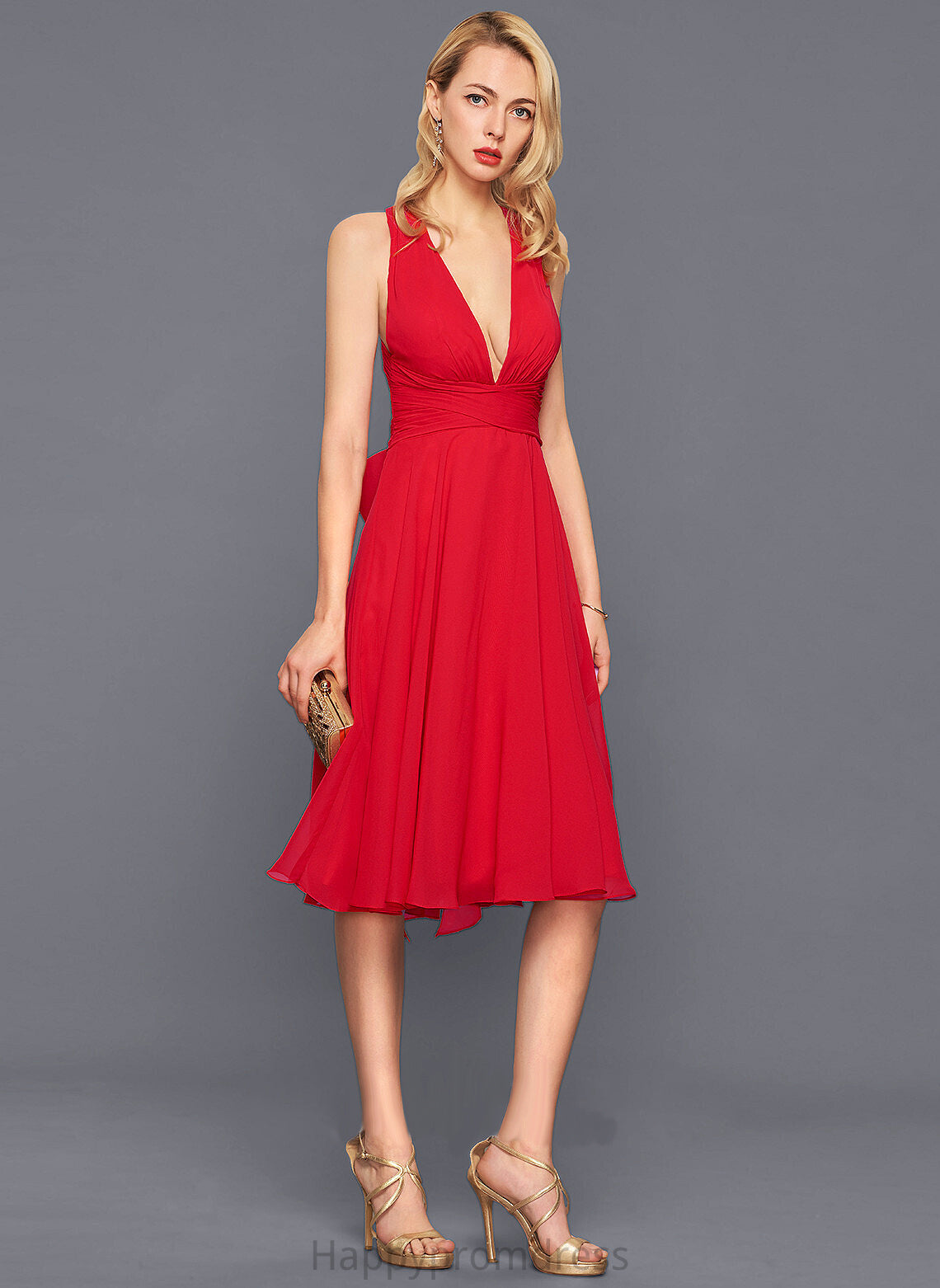 Dress Chiffon Moriah Ruffle Knee-Length With Cocktail Bow(s) A-Line V-neck Cocktail Dresses