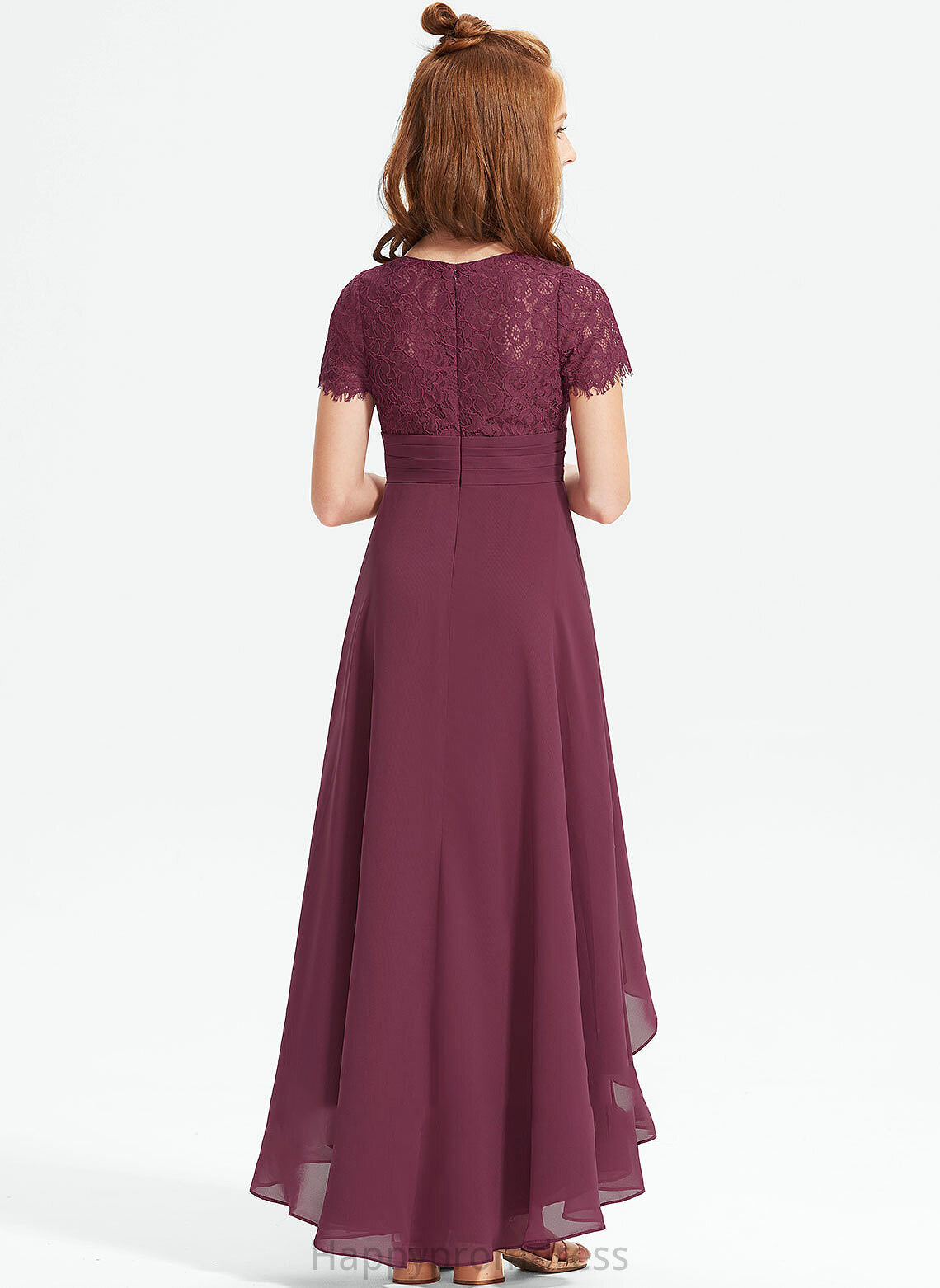 Lace With A-Line Chiffon Ruffle Haylie Asymmetrical Junior Bridesmaid Dresses V-neck