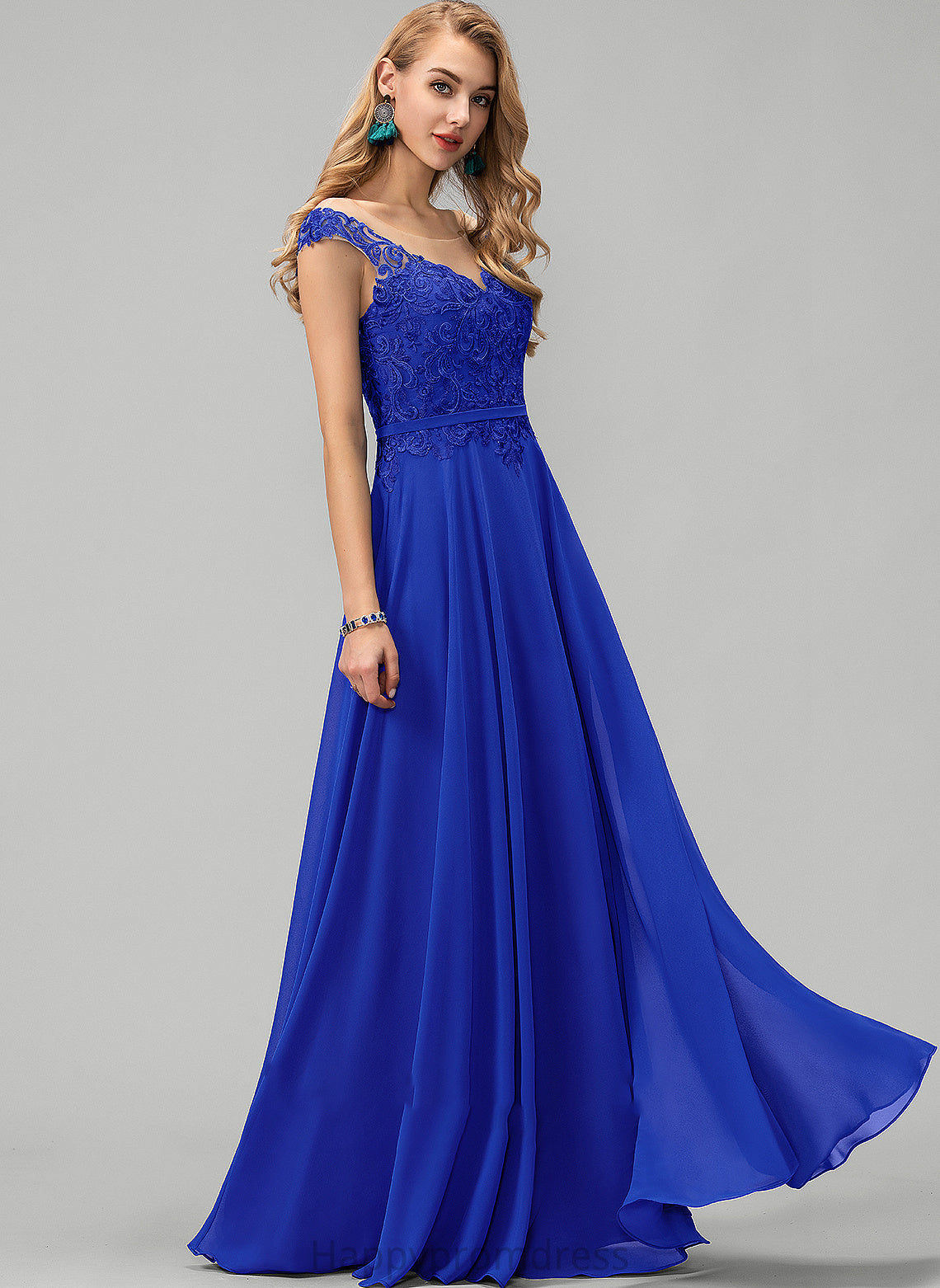 Chiffon With Lace Neck A-Line Alana Scoop Sequins Prom Dresses Floor-Length