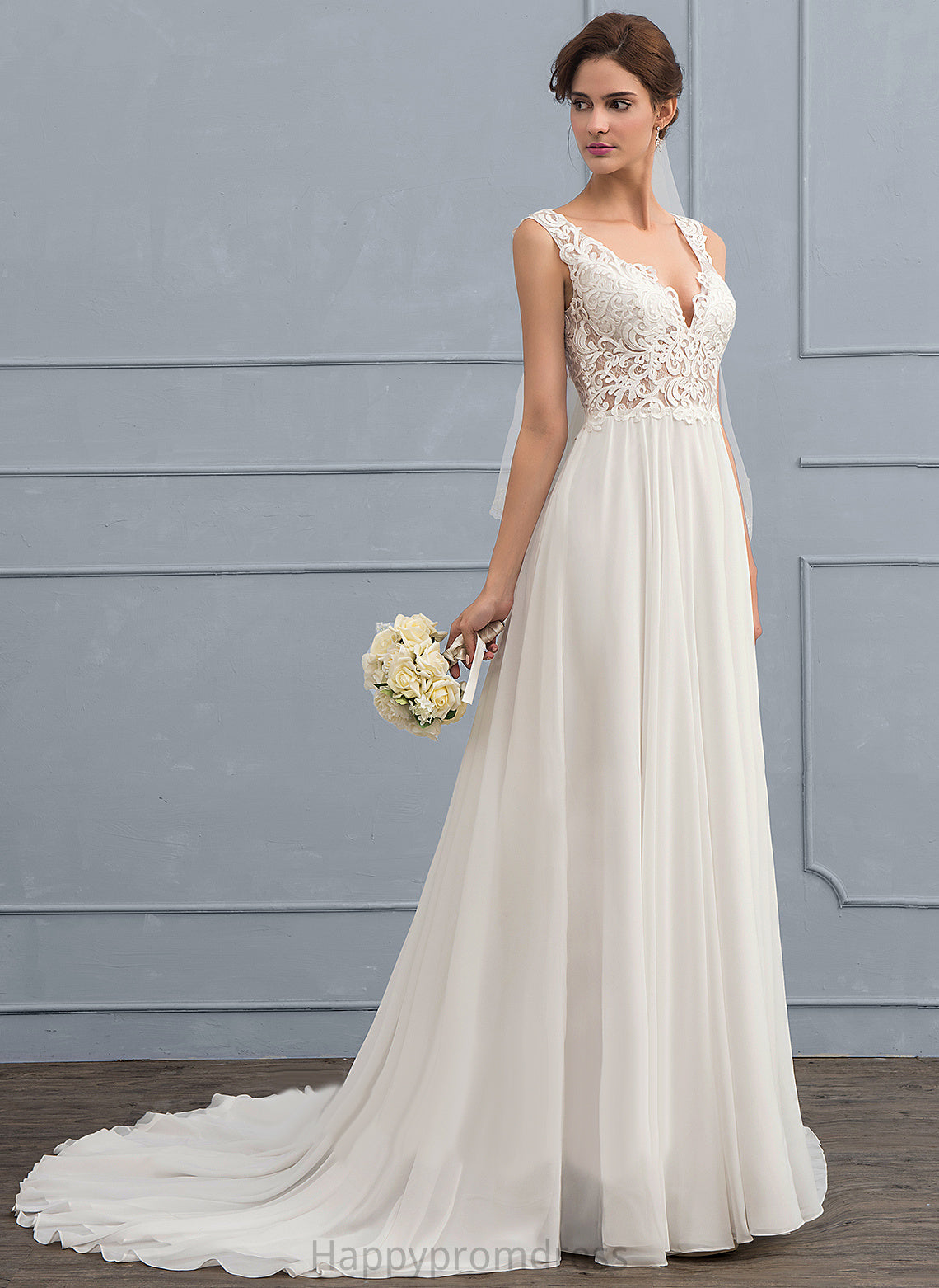 V-neck Train Chiffon Wedding Wedding Dresses Mackenzie Court Lace A-Line Dress