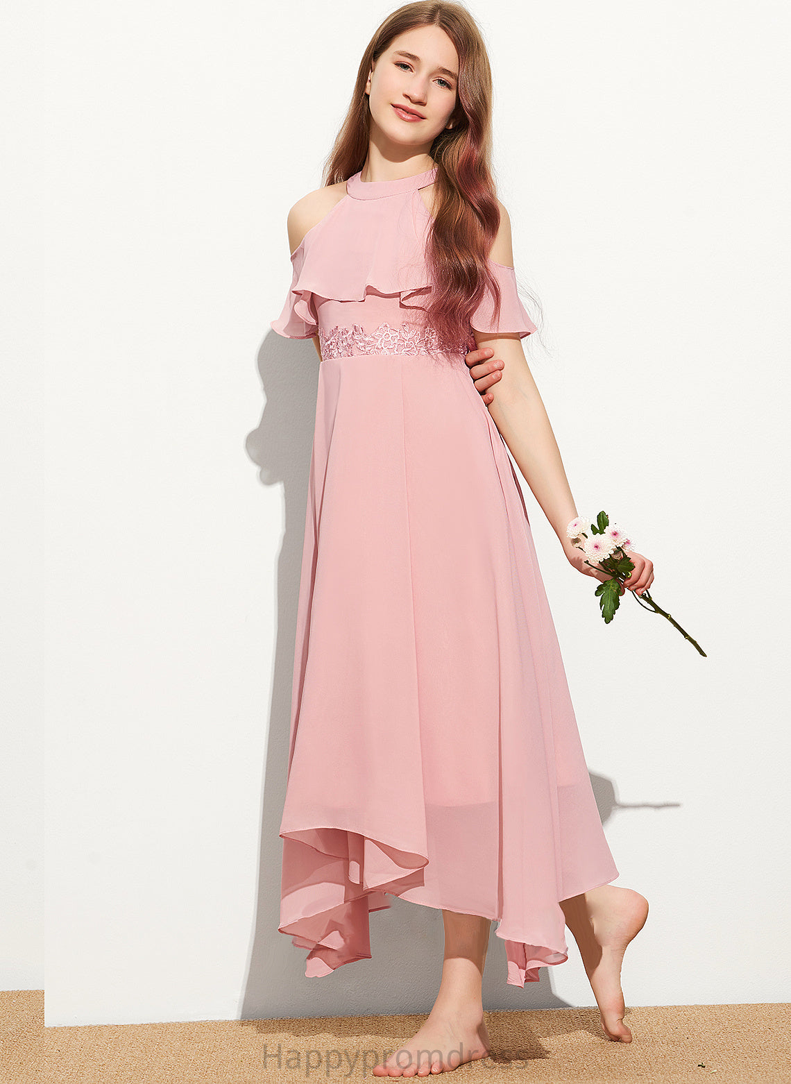 A-Line Junior Bridesmaid Dresses Scoop Tea-Length Lace Neck Chiffon Roberta