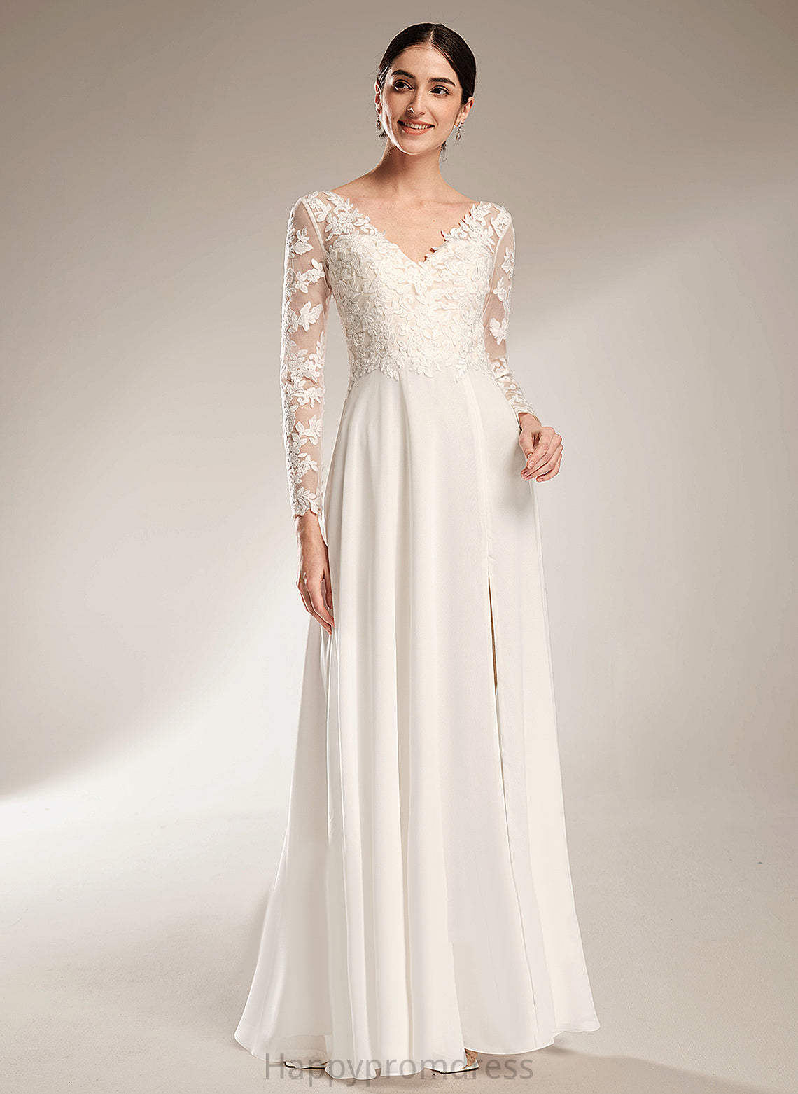 Floor-Length Lace A-Line Front Split Chiffon With Wedding Wedding Dresses V-neck Dress Sarahi