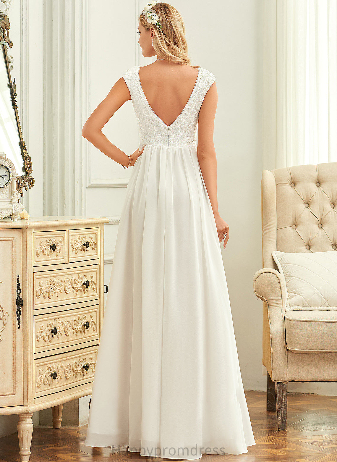 V-neck Dress Floor-Length Wedding Wedding Dresses Tiara A-Line Chiffon Lace