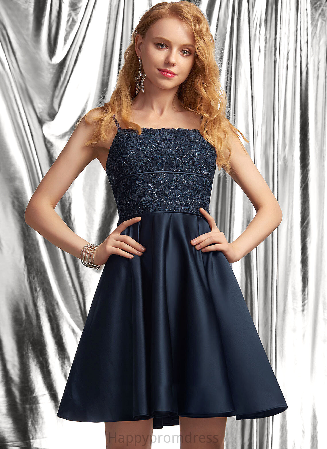 A-Line Neckline Prom Dresses Satin With Sequins Square Mira Lace Short/Mini