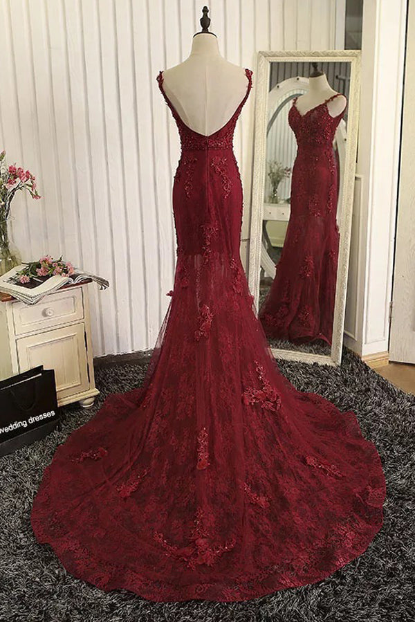 Burgundy Trumpet Sweep Train V Neck Mid Back Appliques Beading Long Prom Dresses