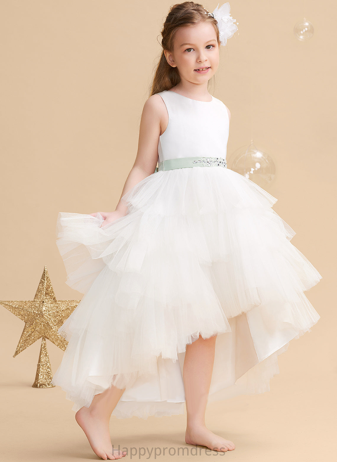 - With Flower Ball-Gown/Princess Tulle Asymmetrical Brooklynn (Detachable Neck Girl sash) Scoop Sash/Beading Flower Girl Dresses Sleeveless Dress